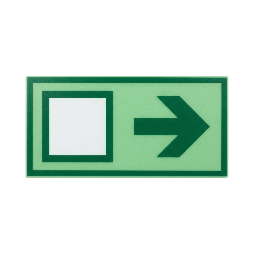 Green emergency exit sign with arrow pointing right and empty square symbol