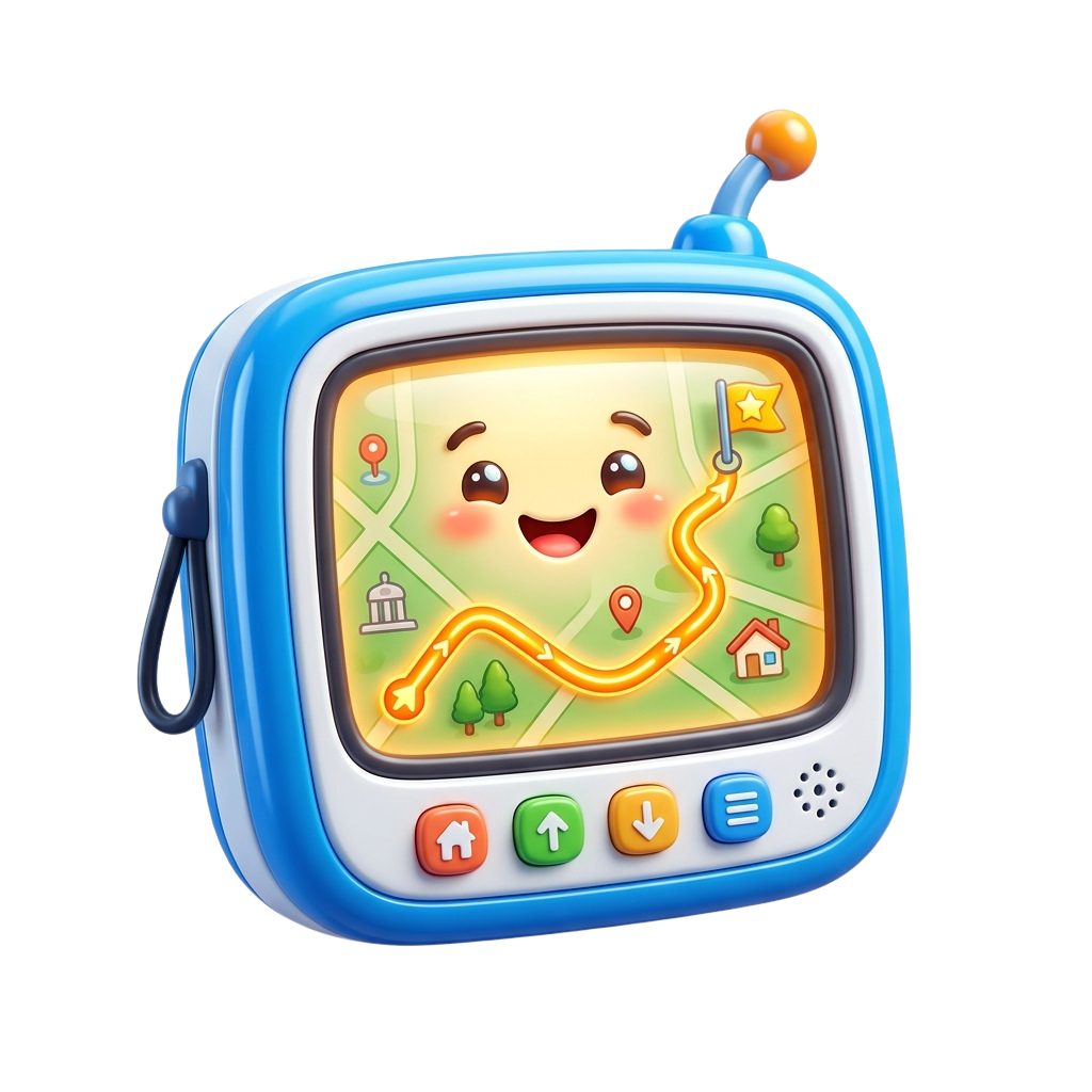 A cartoon-style GPS device with a smiling face on the screen and navigation route displayed