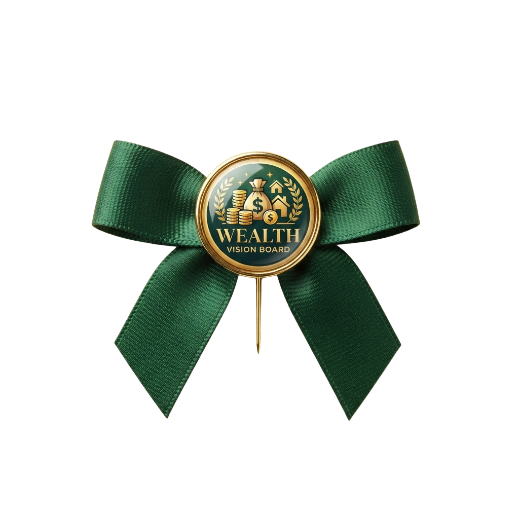 A decorative lapel pin featuring a circular emblem with wealth symbols and the text Wealth Vision Board, attached to a green ribbon bow.