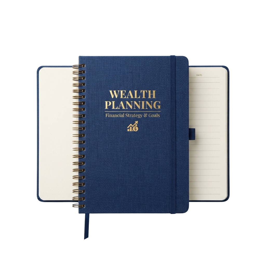 Dark blue spiral-bound notebook labeled Wealth Planning with Financial Strategy and Goals on the cover