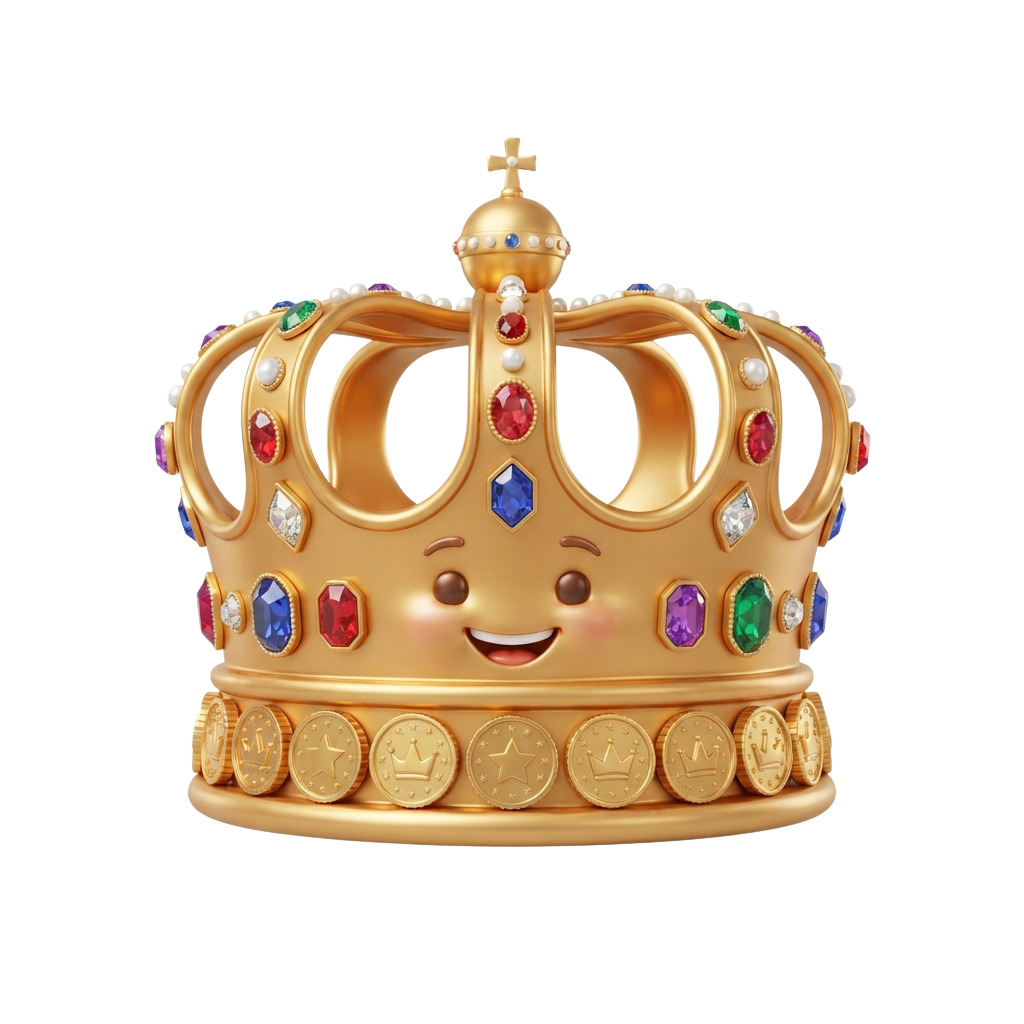 A smiling golden crown adorned with colorful gemstones and royal symbols on its base