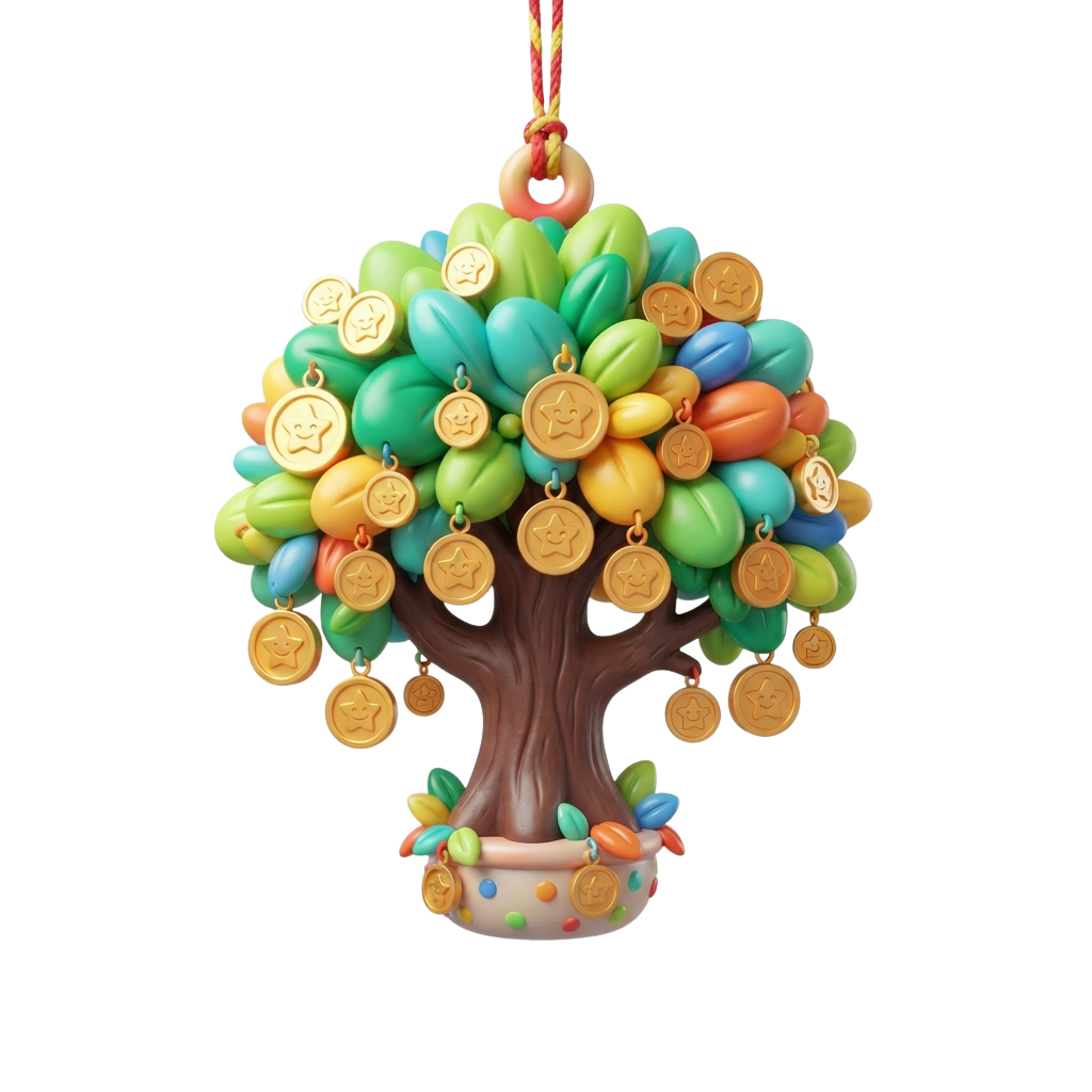 A vibrant wall hanging featuring a tree with colorful fruit and smiling coin-shaped ornaments