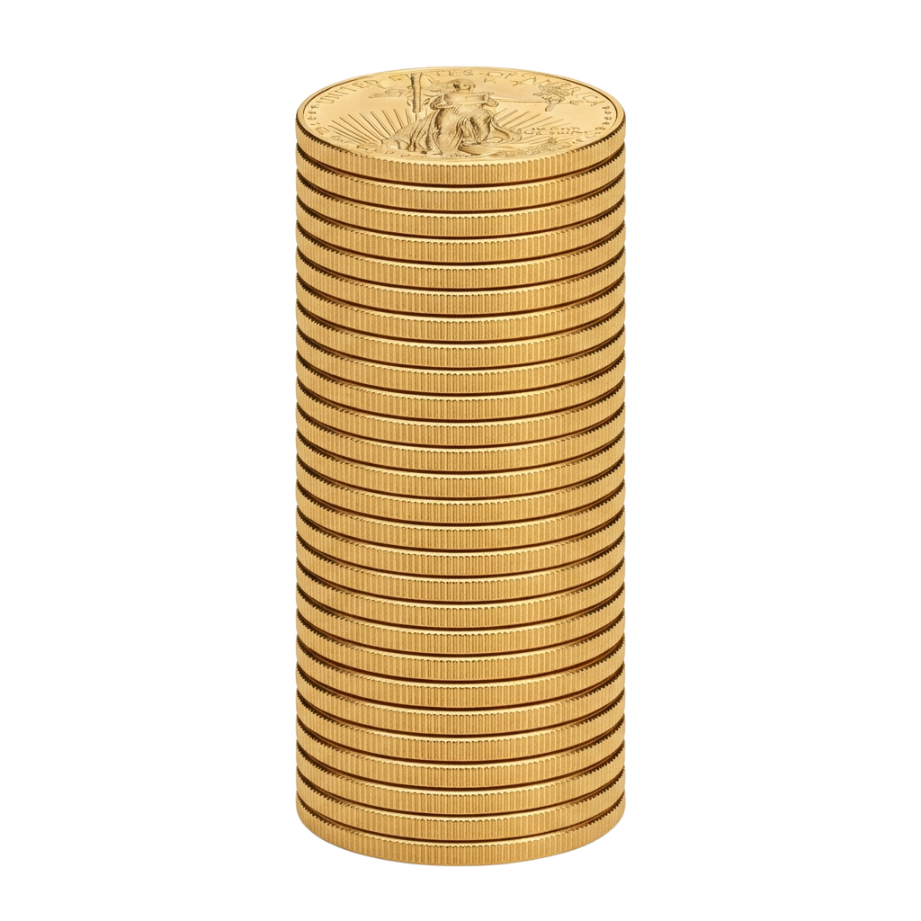 A tall stack of gold-colored coins with intricate designs on the top coin