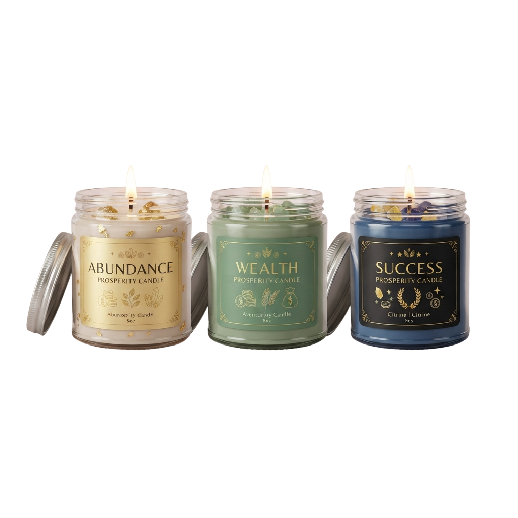 Three lit prosperity candles labeled Abundance, Wealth, and Success with decorative lids and labels