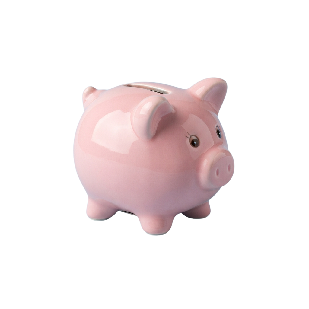 A pink ceramic piggy bank with a slot on its back and a smiling face
