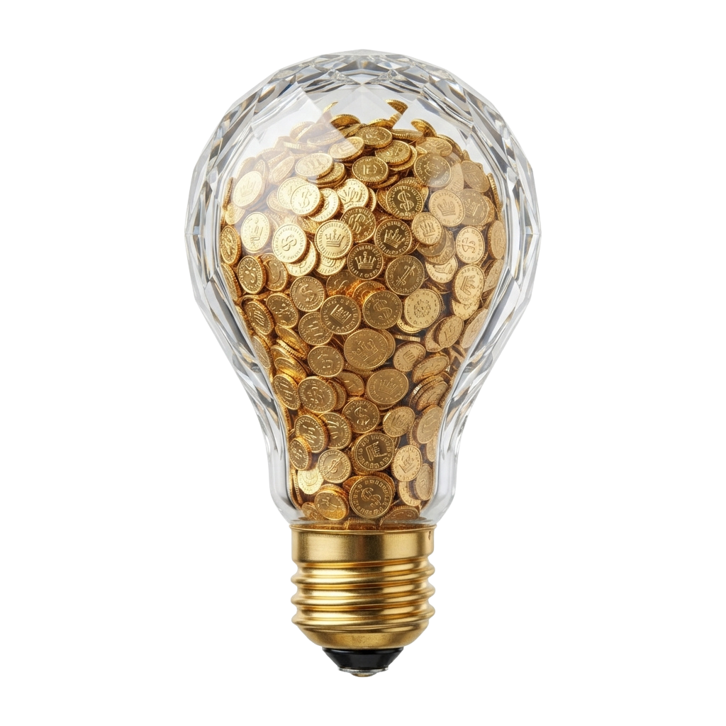 A clear lightbulb filled with numerous gold-colored coins, symbolizing ideas and wealth.