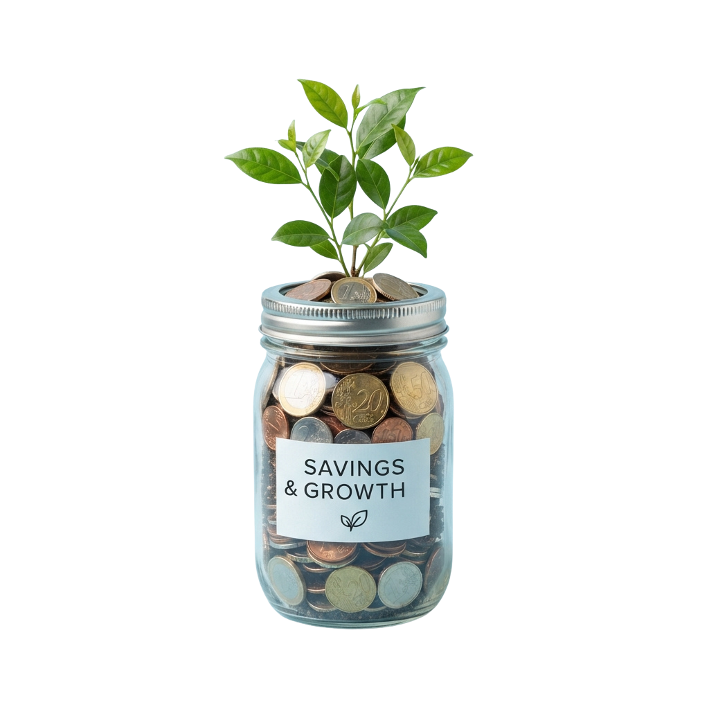 A clear jar filled with coins labeled Savings and Growth with a small plant growing out of it