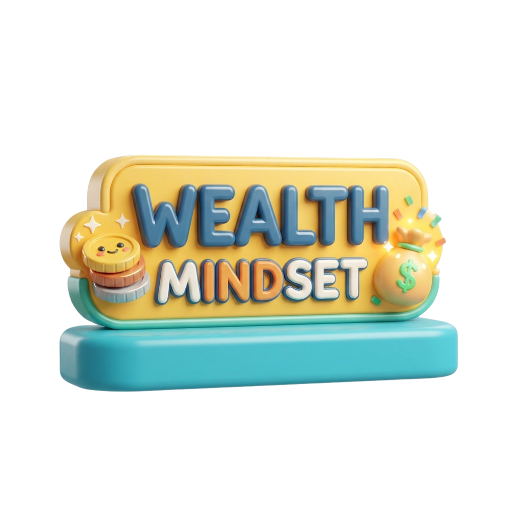 Bright illustration showing a block with the words Wealth Mindset and symbols of coins, gold bars, and dollar signs