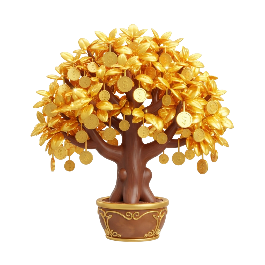 A chocolate tree decorated with gold-colored coins and leaves in a brown pot.