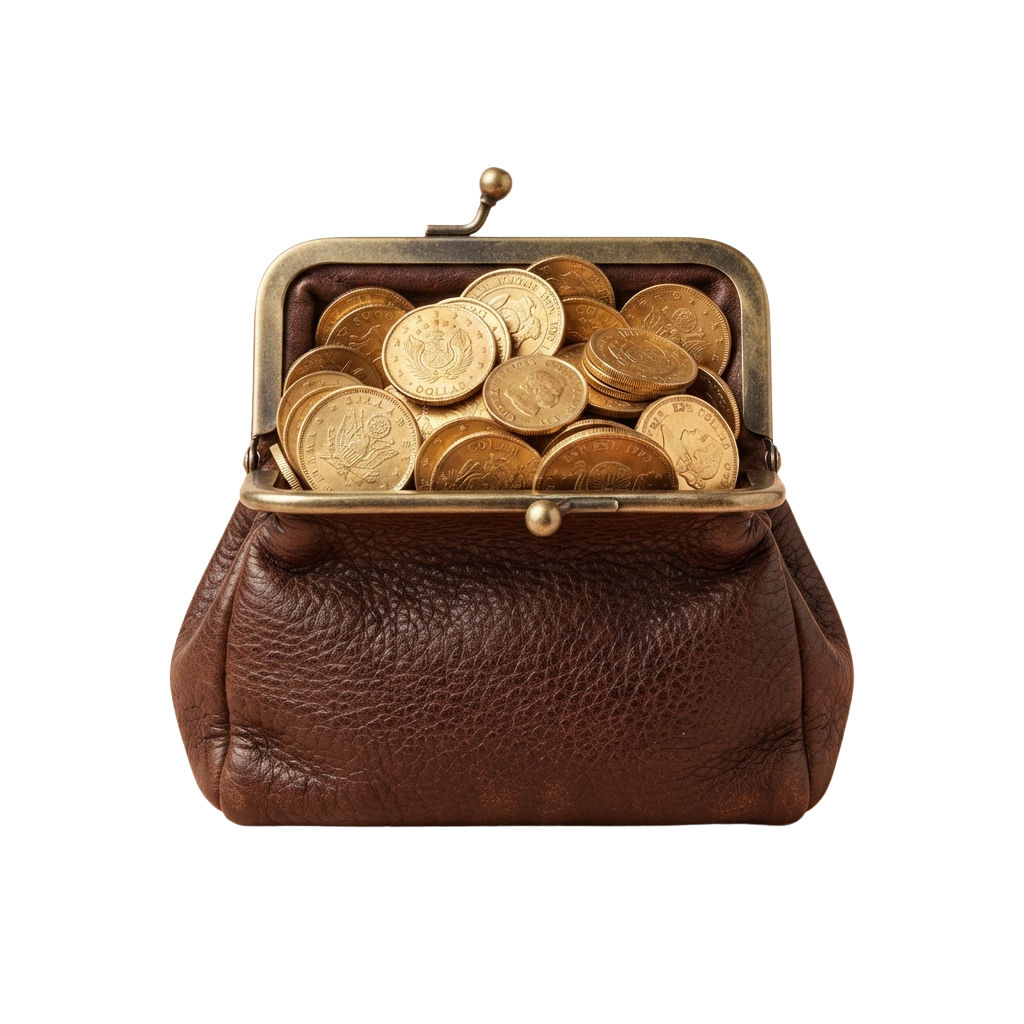 Open brown leather coin purse filled with gold-colored coins