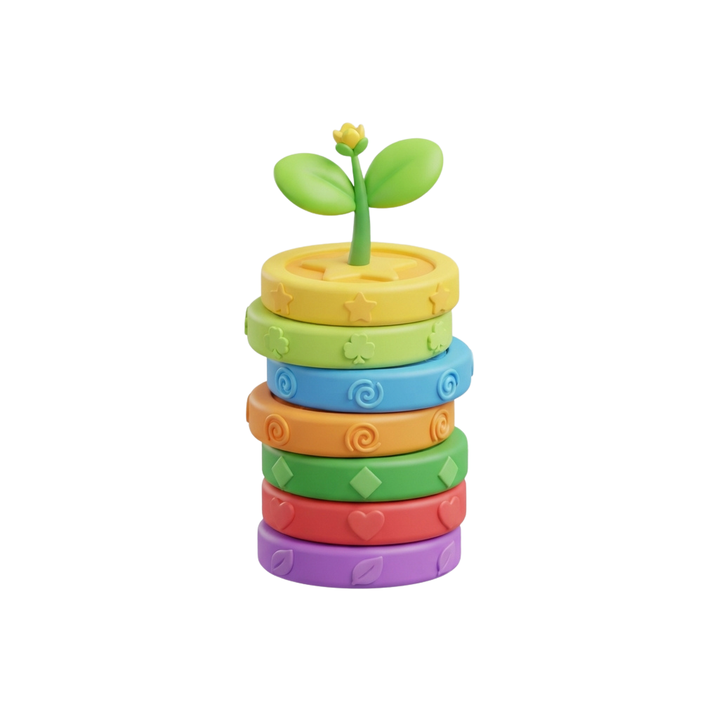 A stack of seven colorful plastic rings topped with a green plant figurine
