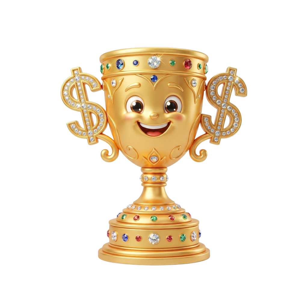 A cheerful golden trophy with dollar sign handles and a smiling face, adorned with colorful gemstones.