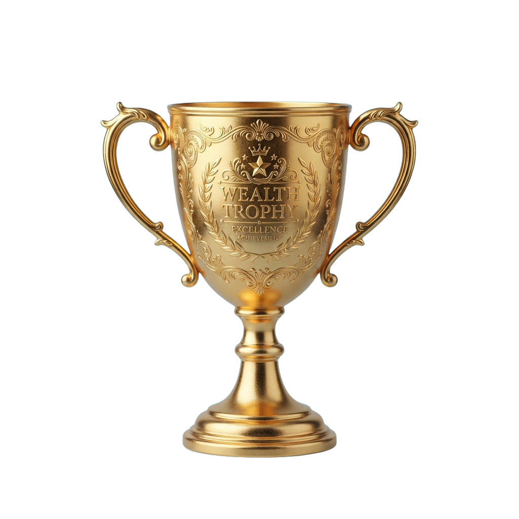 A golden trophy cup with ornate handles and the words Wealth Trophy Excellence engraved on it