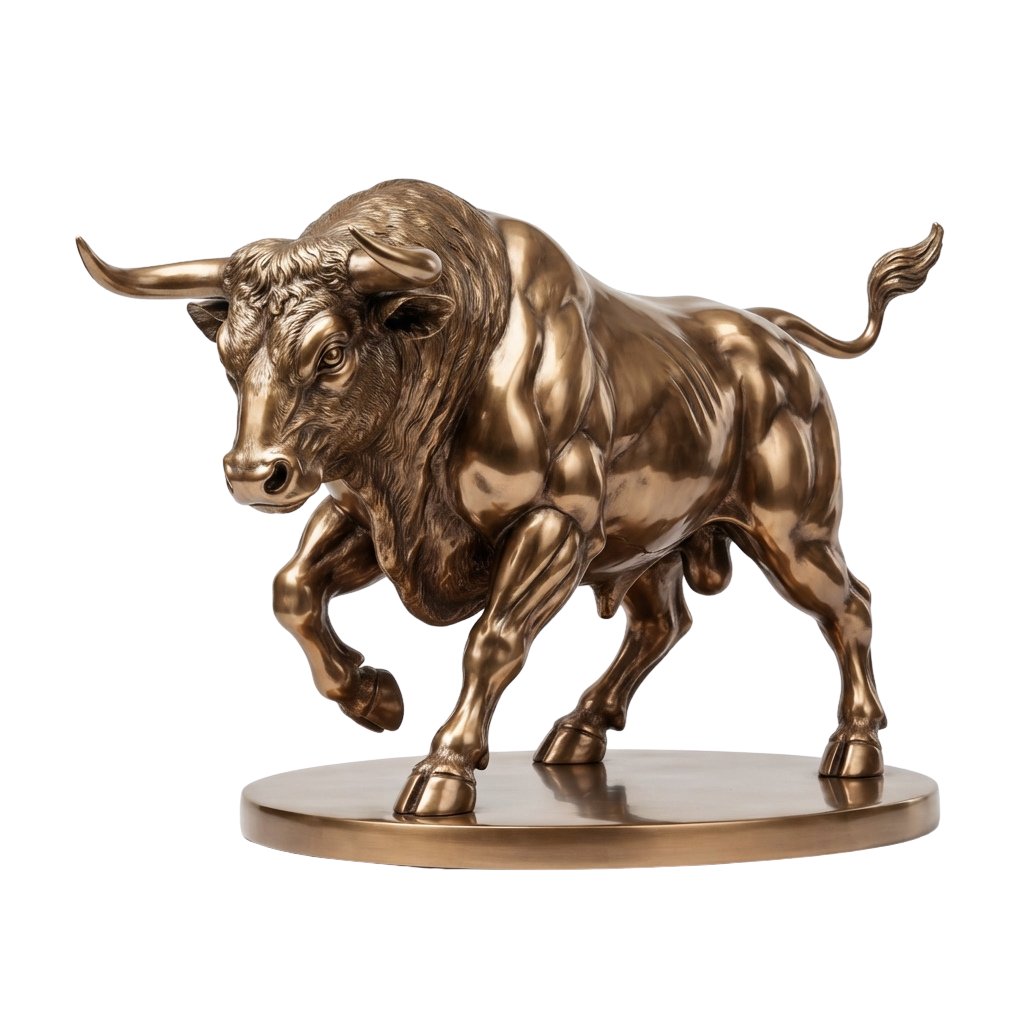 A detailed bronze bull sculpture standing on a round base against a black background