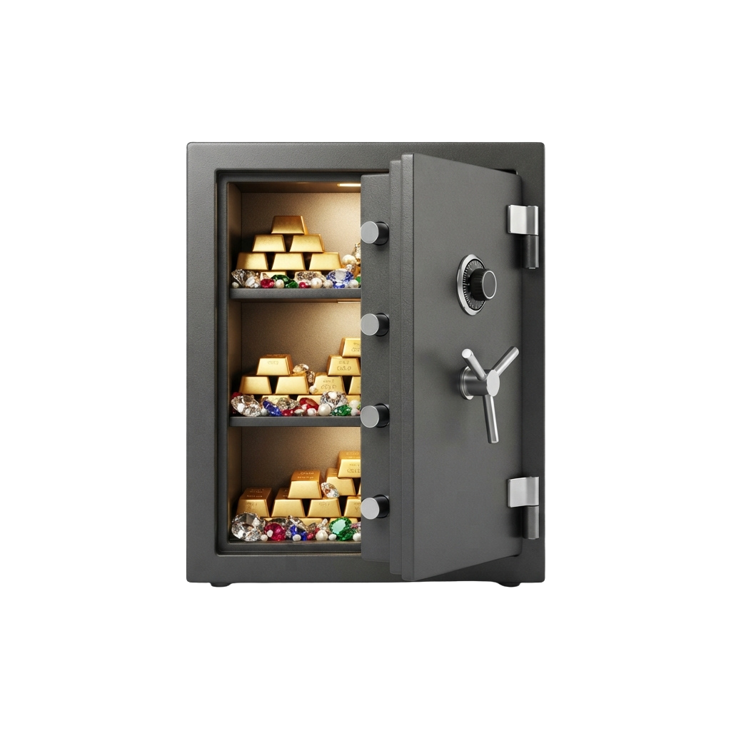 Open gray vault showing shelves of gold bars and colorful gemstones.