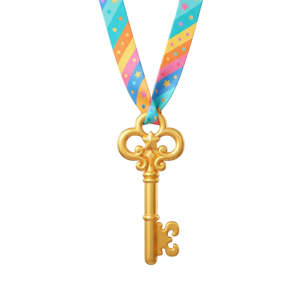A golden decorative key on a medal with a multicolored ribbon featuring star patterns