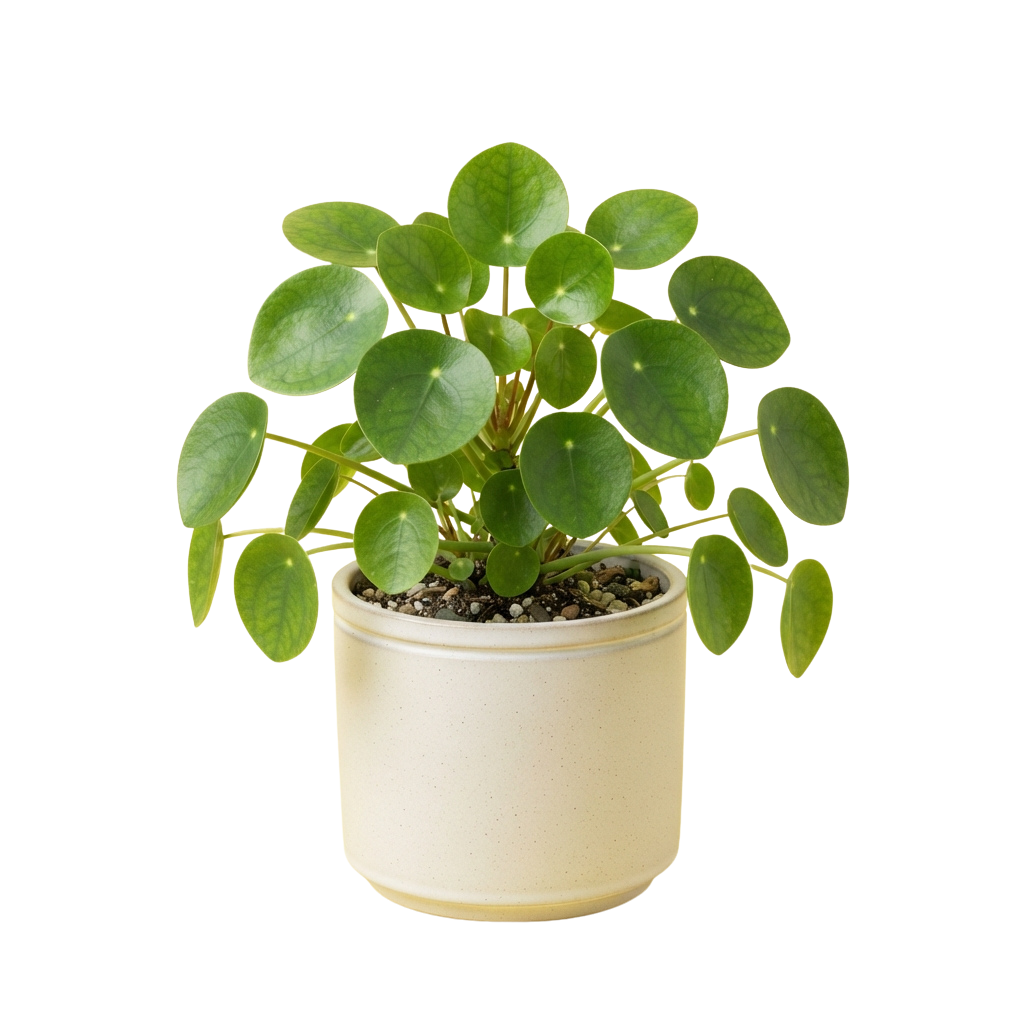 A potted green succulent plant with round leaves in a cream-colored pot against a black background