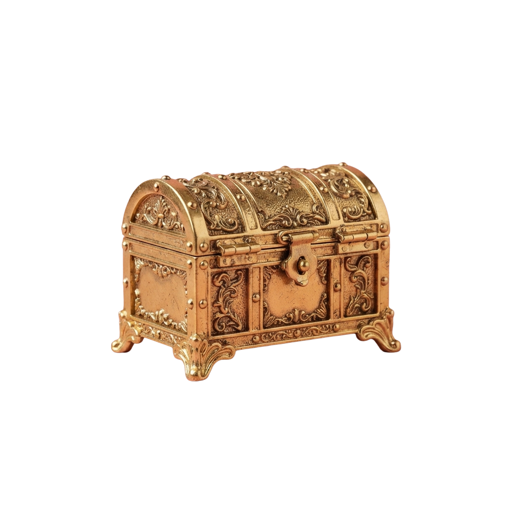 Decorative antique-style gold-colored treasure chest with intricate carvings and a clasp lock