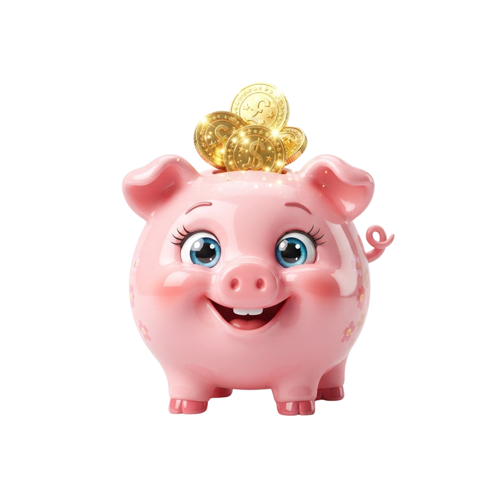 A smiling pink piggy bank with gold coins balanced on its back