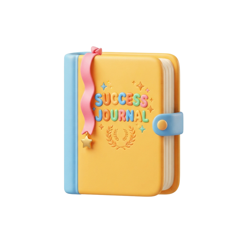 A cheerful yellow notebook labeled Success Journal with a blue and pink ribbon closure and decorative stars