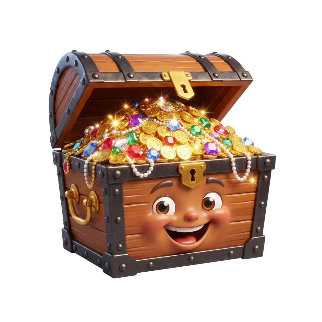 Smiling wooden treasure chest overflowing with gold coins, gems, and pearls