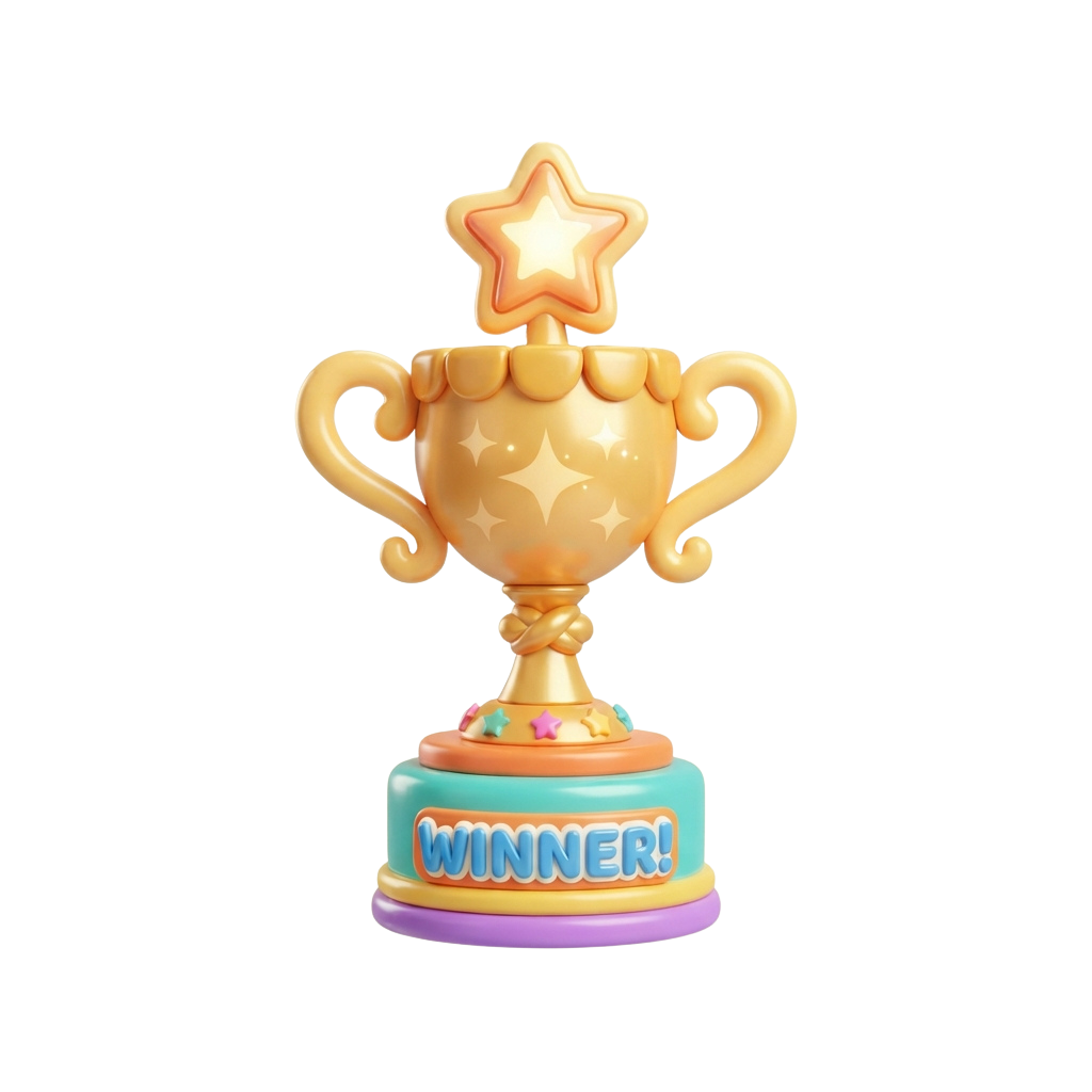 A cheerful trophy with a star on top, two handles, and a glowing base displaying the word winner