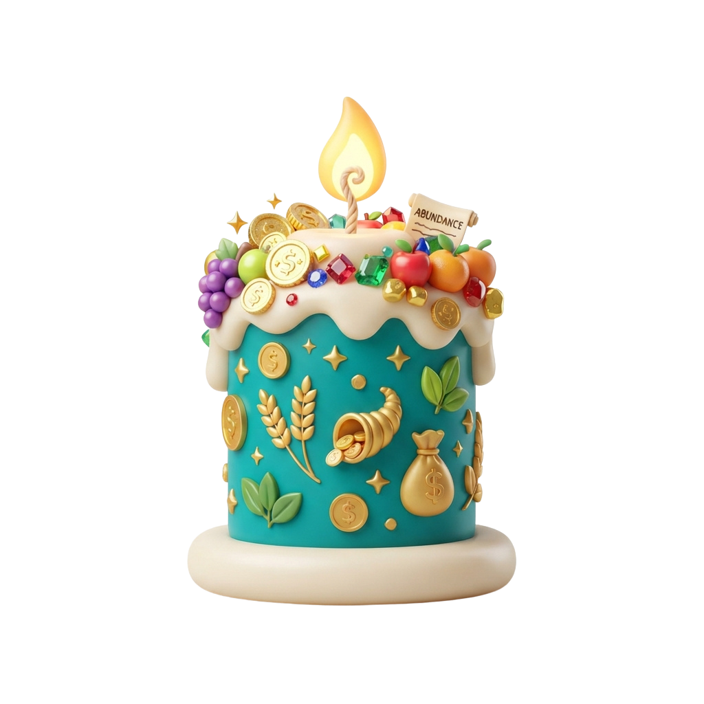 Decorative cake with blue base, white frosting, gold coins, wheat, and a lit candle labeled abundance