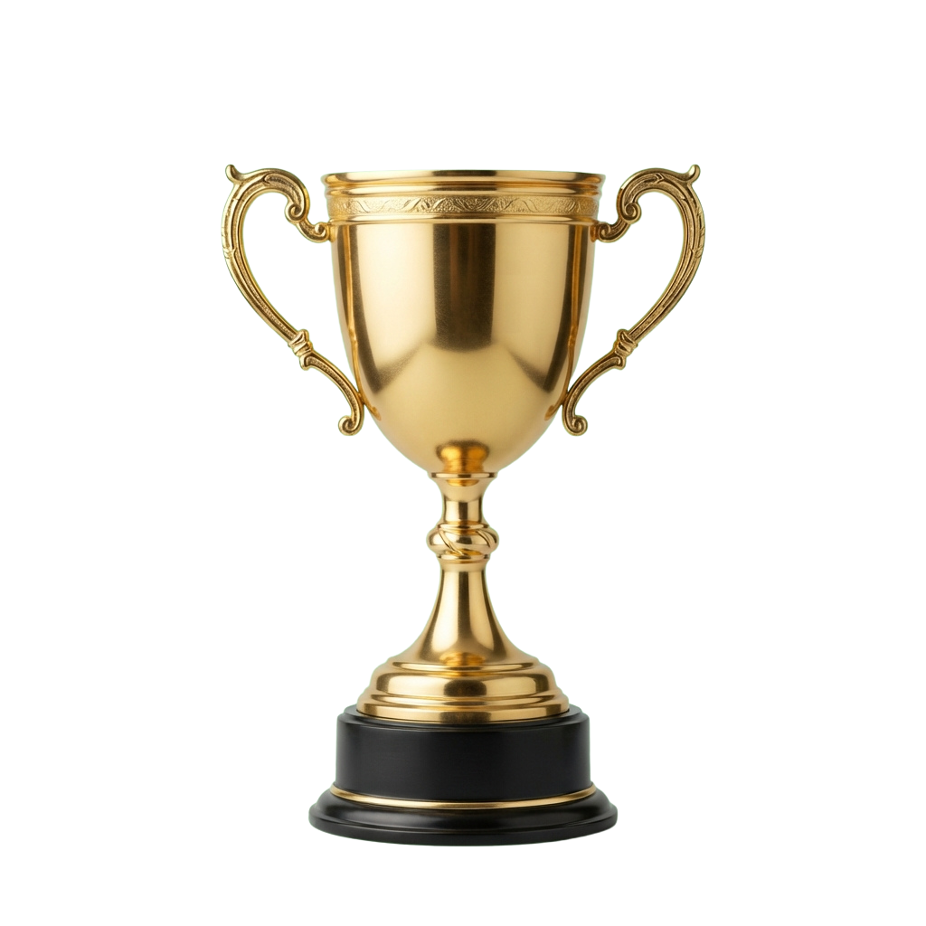 A shiny gold trophy cup with two ornate handles on a black base