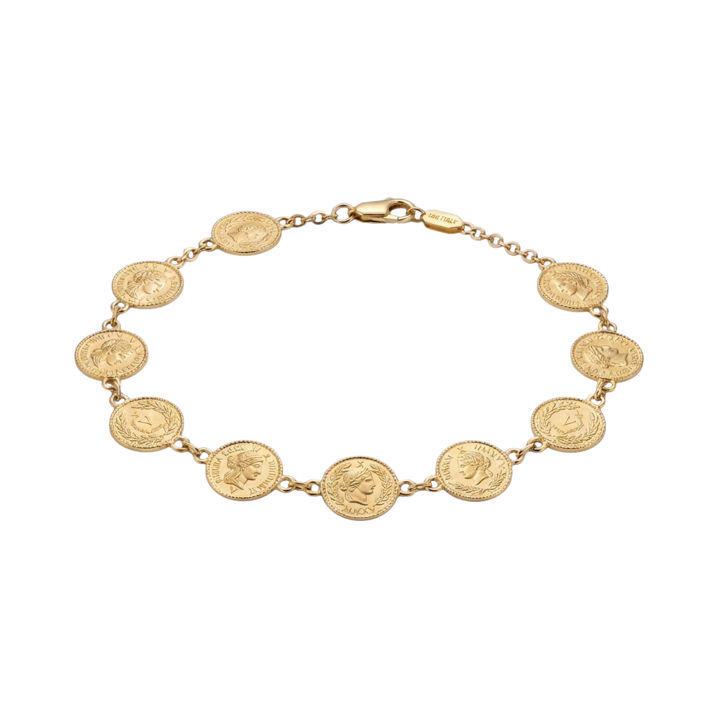 A gold-toned bracelet featuring oval cameos with intricate classical designs connected by a delicate chain.
