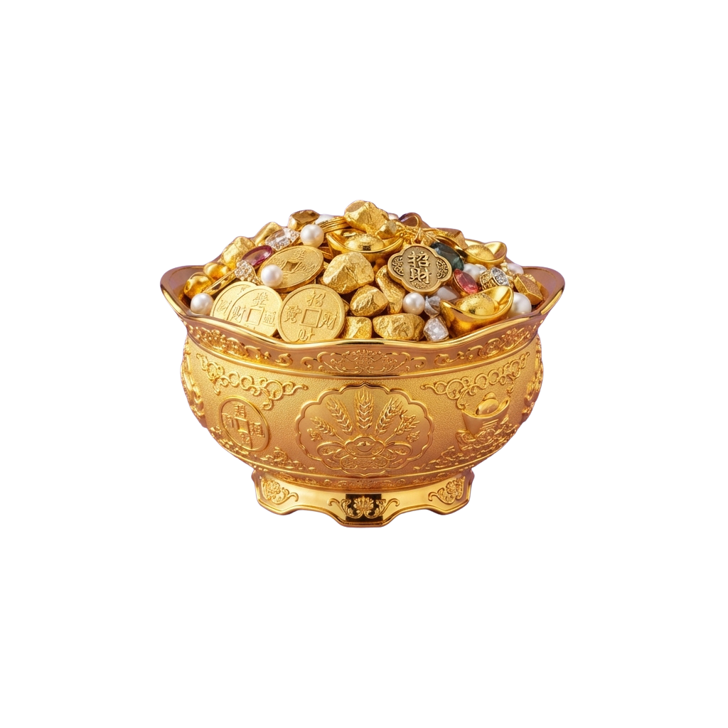 Golden ornate bowl filled with coins and small jewelry pieces