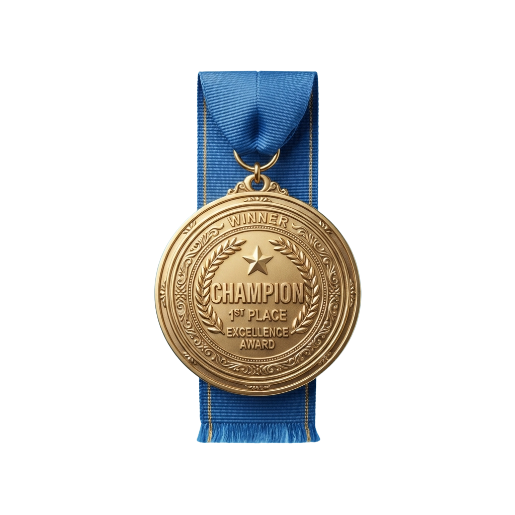Gold medal with blue ribbon labeled Champion 1st Place Excellence Award