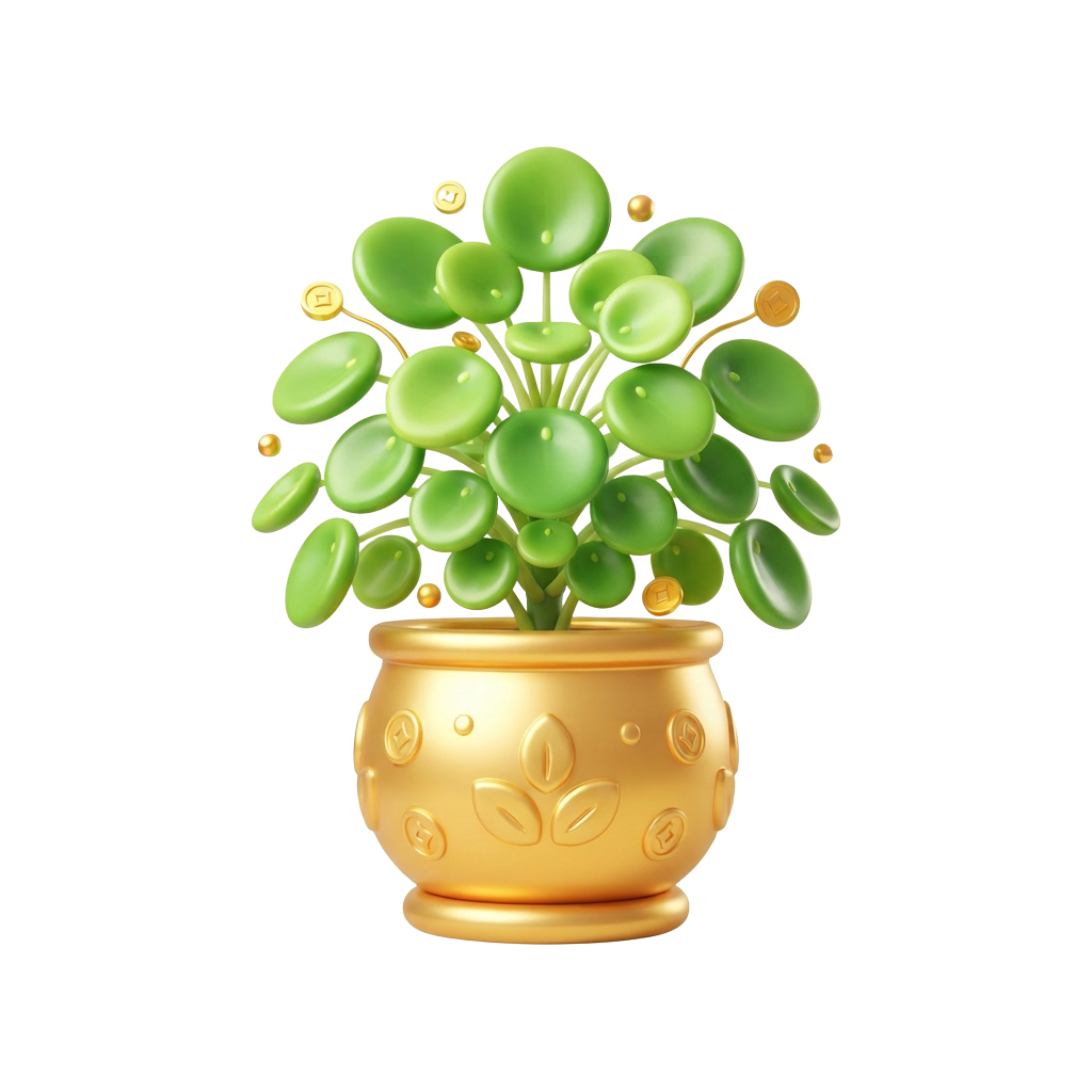 A stylized jade plant with round green leaves in a gold-patterned ceramic pot
