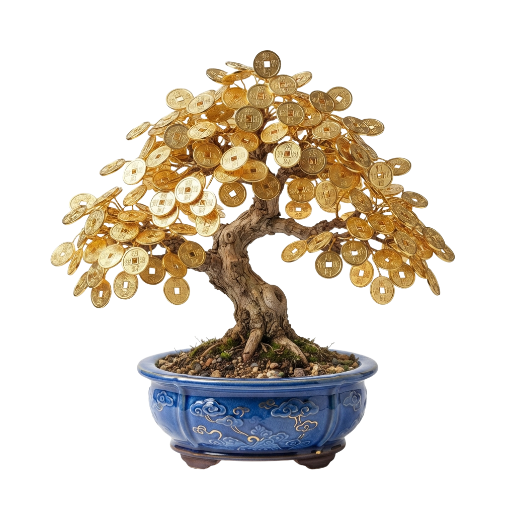 Artistic bonsai tree with golden coins as leaves in a blue ceramic pot