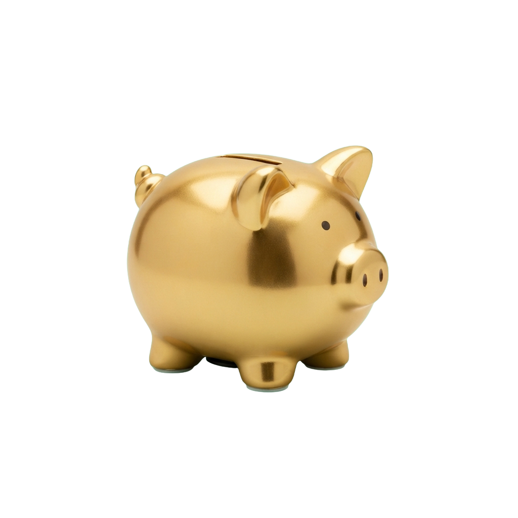 A shiny golden piggy bank with a slot on its back, standing alone against a black background