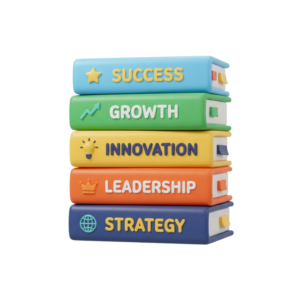 Five colorful books stacked vertically labeled Success, Growth, Innovation, Leadership, and Strategy with icons