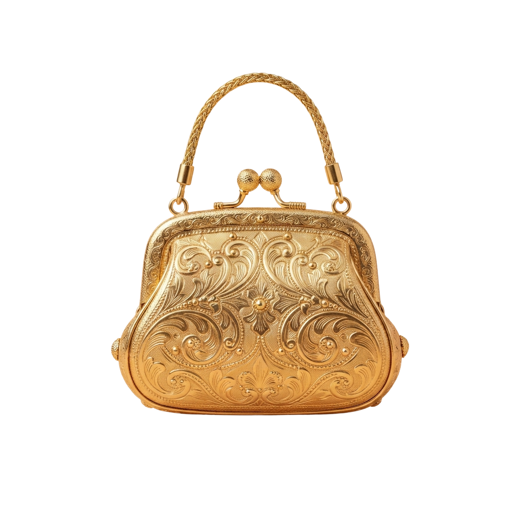 A gold-toned handbag featuring ornate floral embroidery and a braided handle with decorative finials