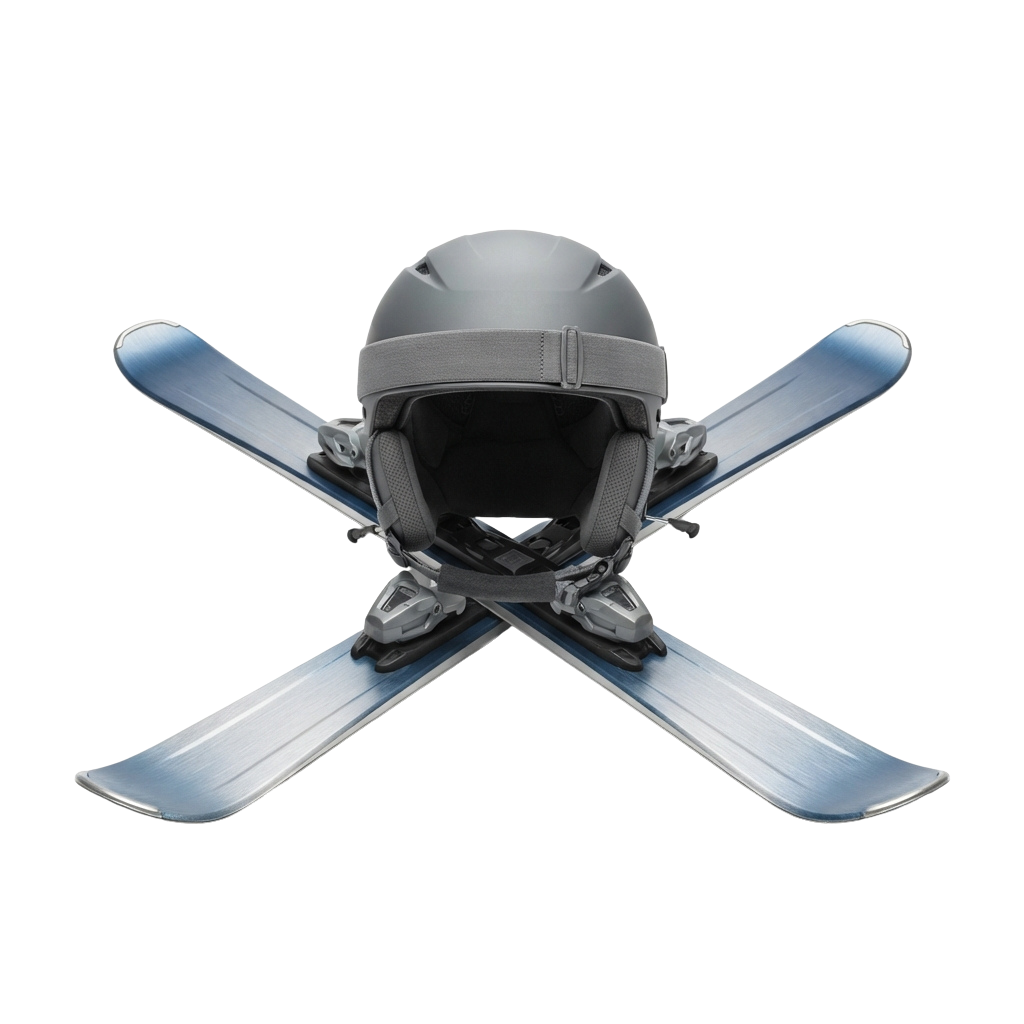 A helmet and skis crossed in an X shape against a black background