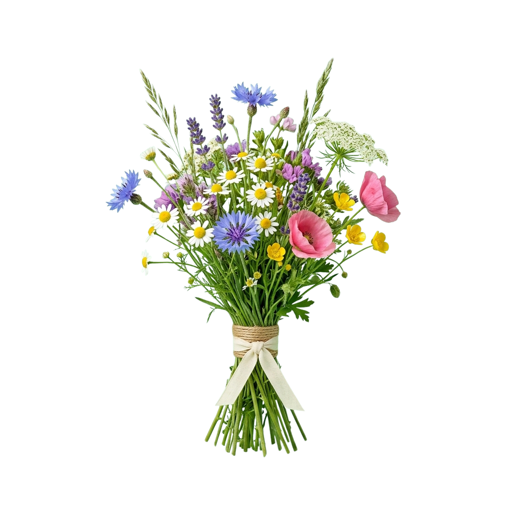 A vibrant bouquet of wildflowers tied with twine and a ribbon against a black background