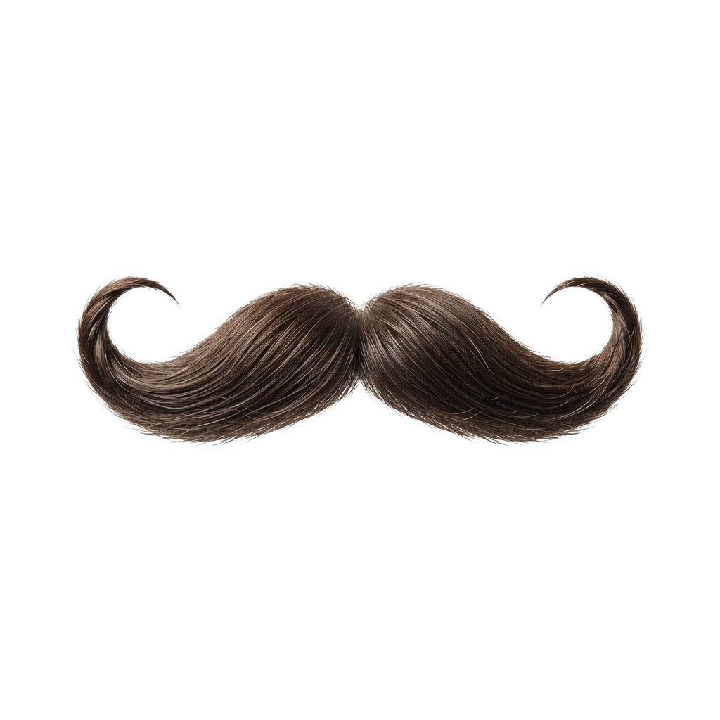 A stylish, symmetrical brown mustache with curly ends against a black background