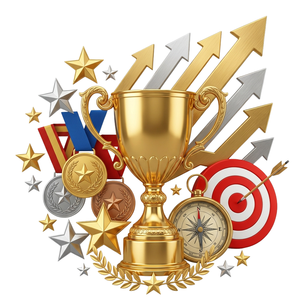 A golden trophy surrounded by medals, stars, upward arrows, a target, and a compass on a dark background
