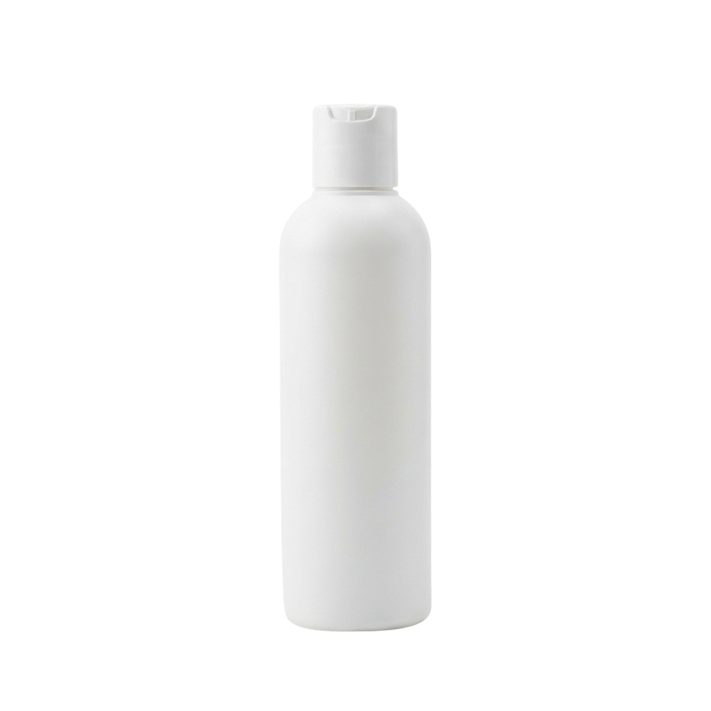 A white plastic bottle with a white pump dispenser cap standing upright against a black background