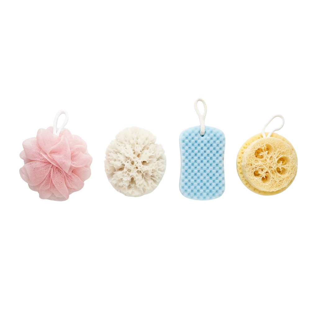 Four bath sponges with loops: pink puff, beige natural loofah, blue textured sponge, and yellow loofah