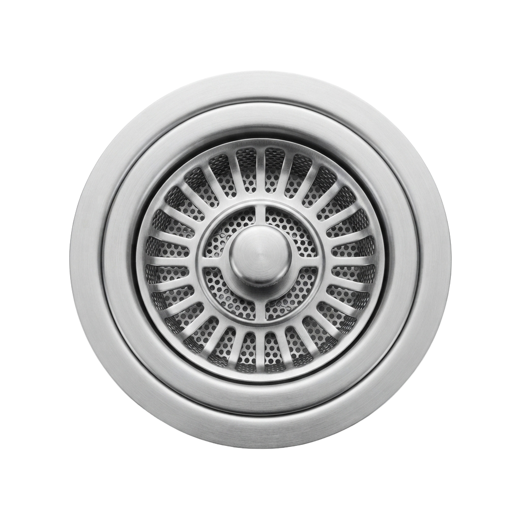 Close-up of a round stainless steel sink drainer with a perforated strainer in the center