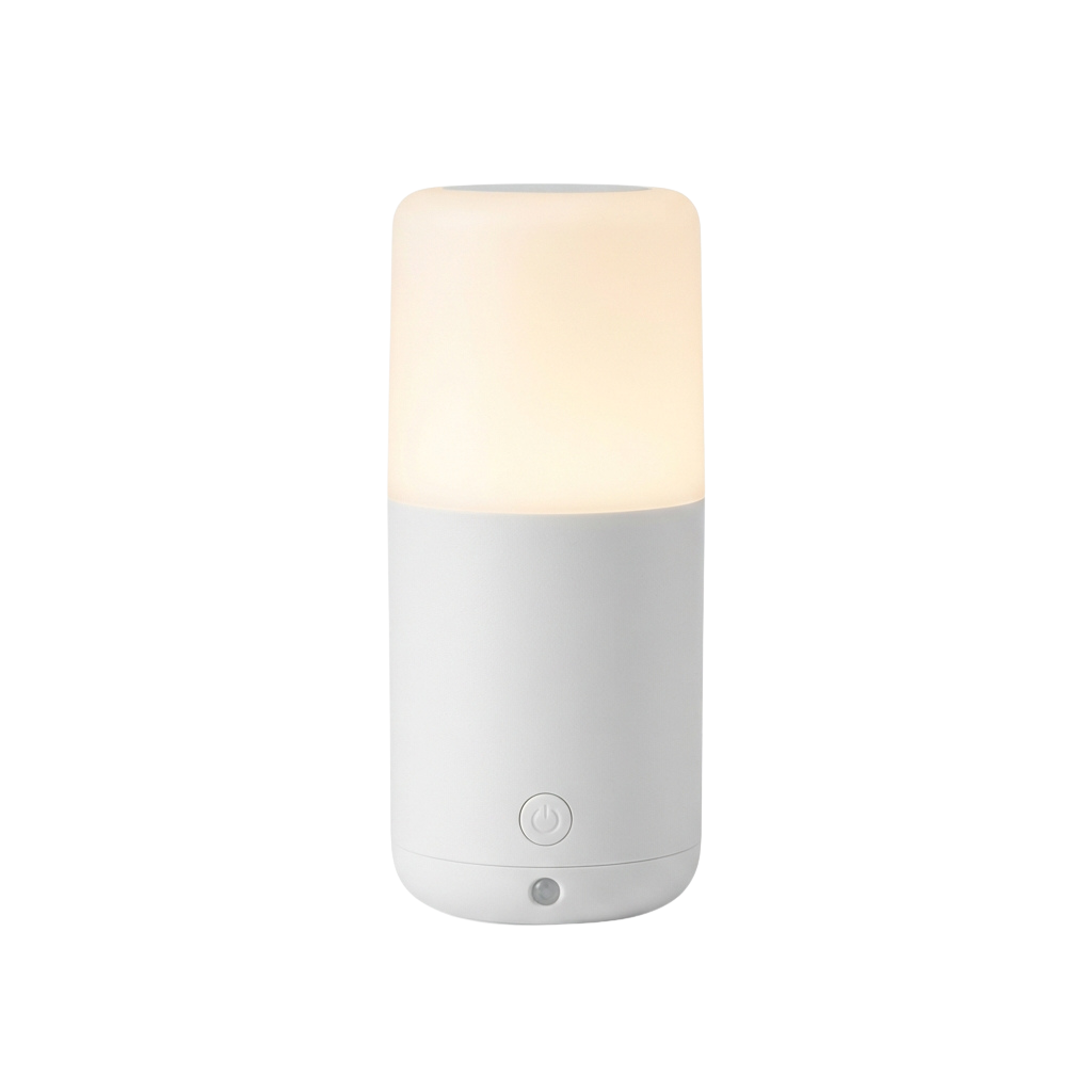 A sleek white cylindrical lamp emitting a warm, soft glow from its top.