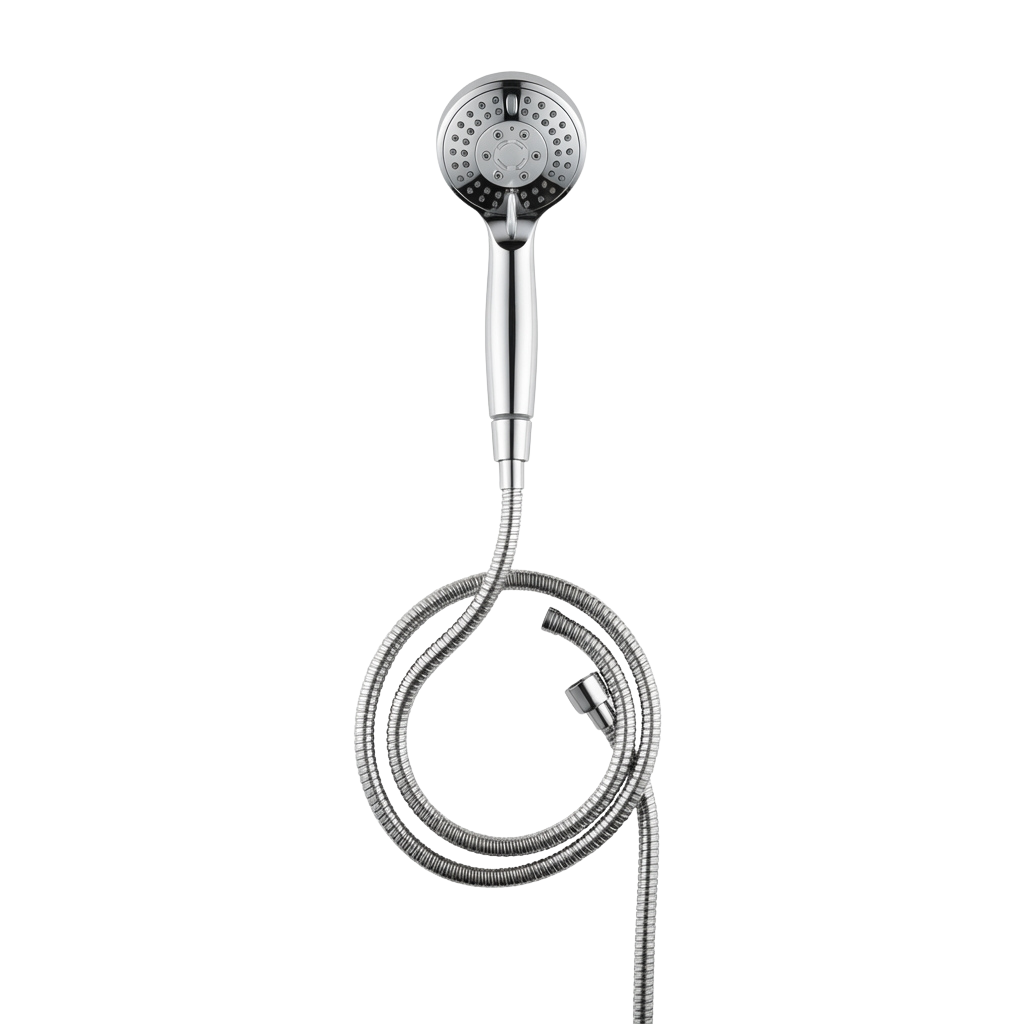 A chrome handheld shower head with a flexible hose attached, shown against a black background