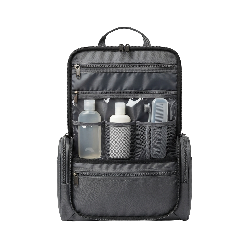 Open black toiletry backpack displaying clear compartments with bottles, toothbrush, and grooming tools inside