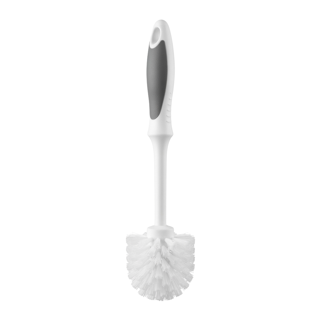 A white toothbrush-shaped bathroom brush with bristles at the base and a hollow handle.