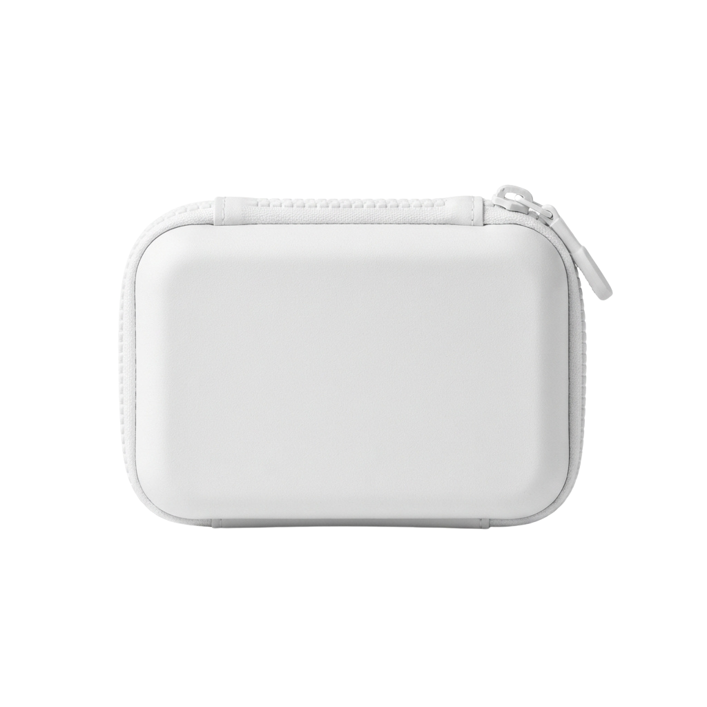 A white zippered pouch with a drawstring closure, designed to hold small electronic accessories.