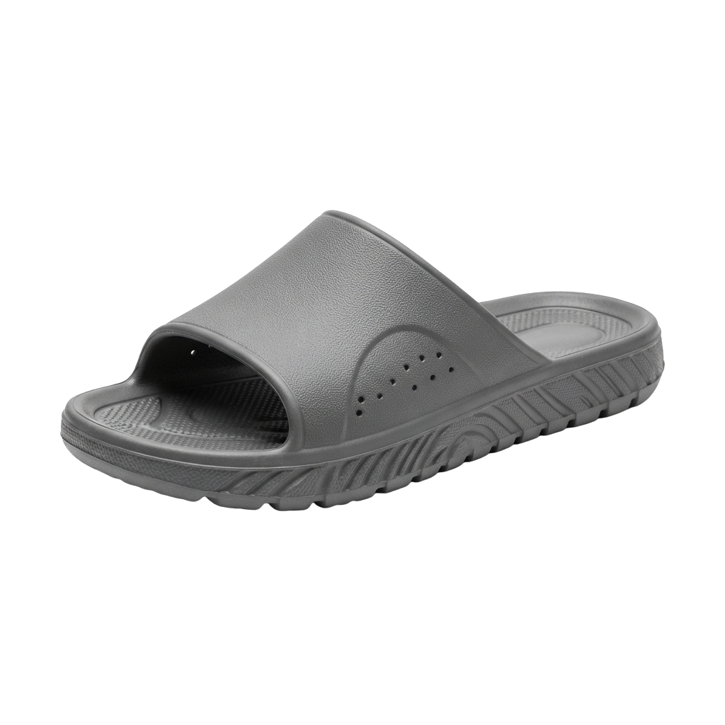 Gray rubber slide sandal with textured sole and perforated toe area