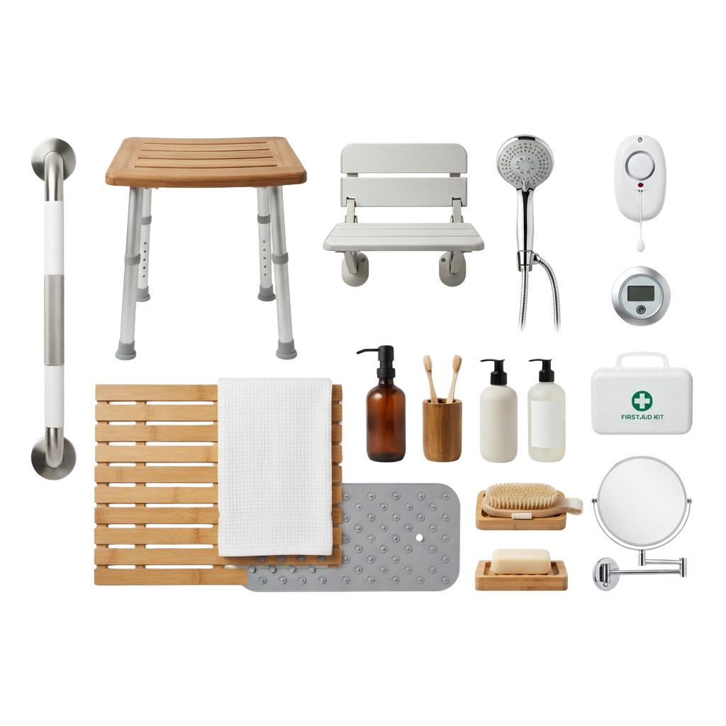 Assorted bathroom safety aids including grab bars, shower stool, handheld showerhead, first aid kit, and hygiene products
